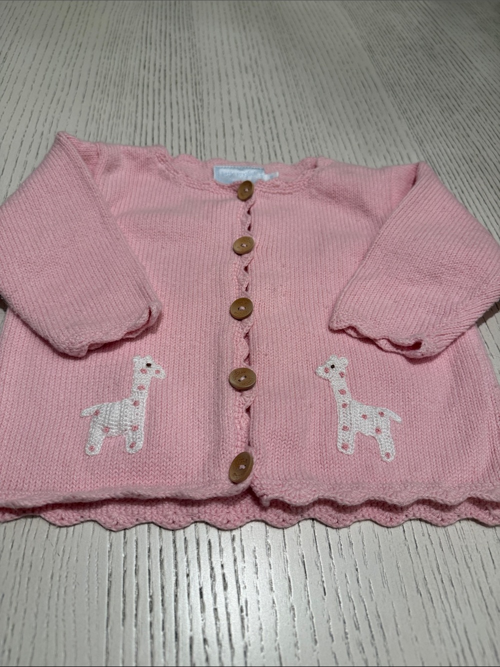 Little English Pink Knit Cardigan with Giraffe Embroidery and Crocheted Trim